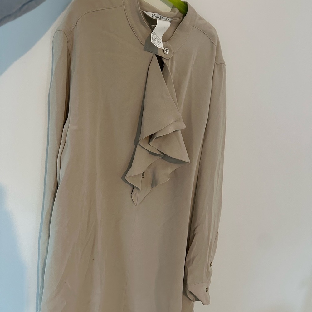 MaxMara Tan Ruffled Sheath Dress with Mandarin Collar